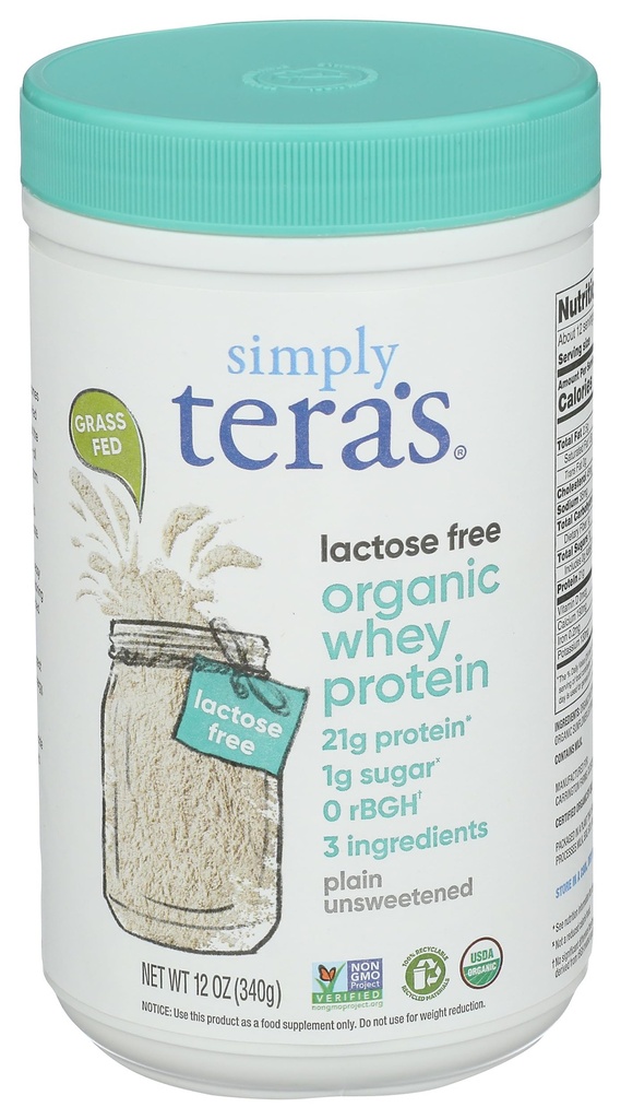 Simply Tera's, Whey Protein Plain Lactose Free Organic, 12 Ounce