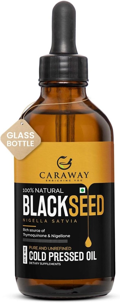 CARAWAY Organic Black Seed Oil - Pressato a freddo Nigella Sativa Oil - Puro e non raffinato - Ricco di Thymoquinone per il supporto immunitario, Cura dei capelli e della pelle