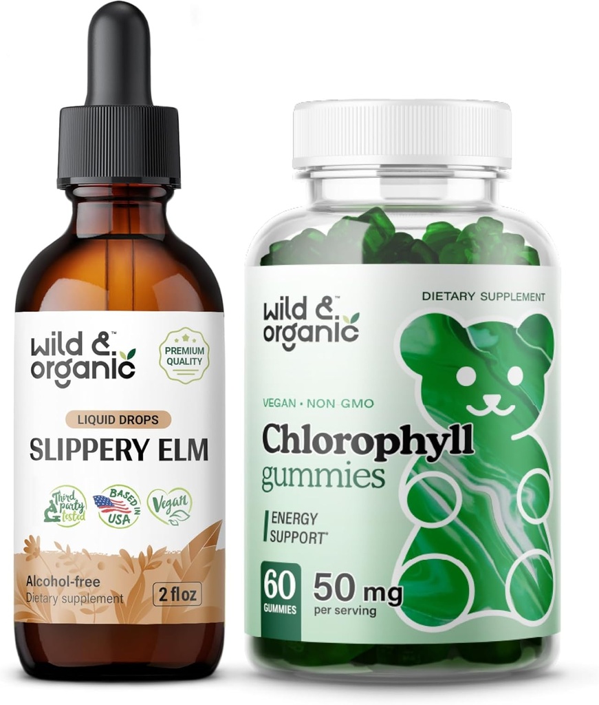 Wild & Organic Slippery Elm Tincture 2 fl oz & Chlorophyll Gummis 60 Chews