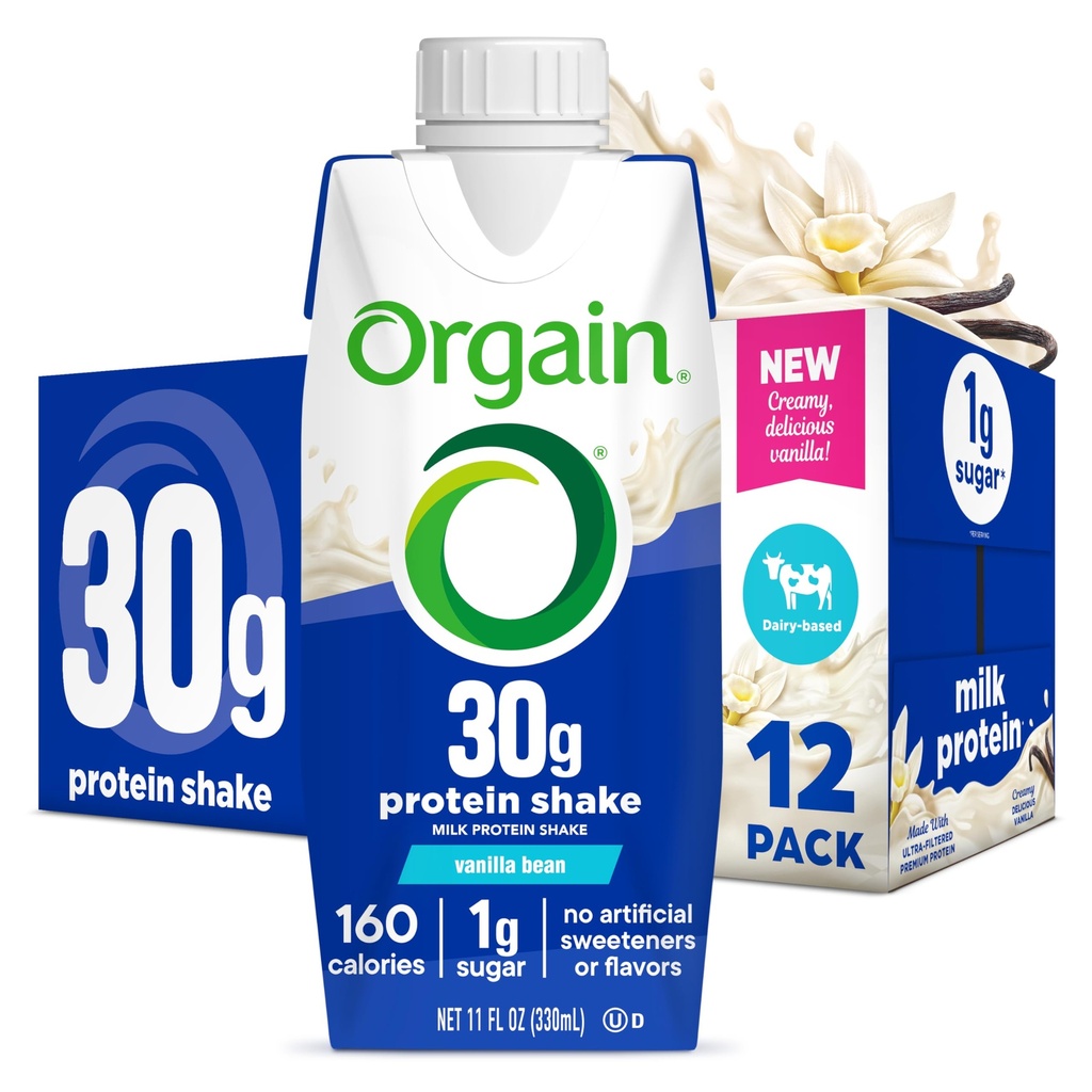 Orgaine à haute teneur en protéines 30g, protéine de lait isolée laitière, fève de vanille, 5g BCAA, 1g de sucre par portion, substitut de repas, prêt à boire, céto, sans gluten 11 Fl Oz (paquet de 12)