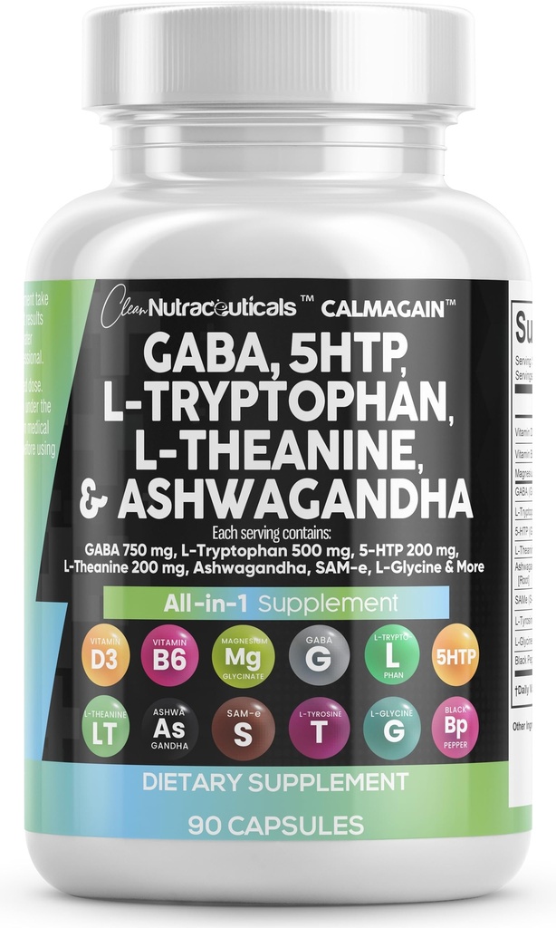 Clean Nutraceuticals GABA 750mg 5 HTP 200mg L Tryptophan 500mg L Theanine 200mg Ashwagandha SAM-e L-Glycine - Mood-Support Vitamine für Frauen und Männer mit L-Tyrosine 5-HTP (5-Hydroxytryptophan)