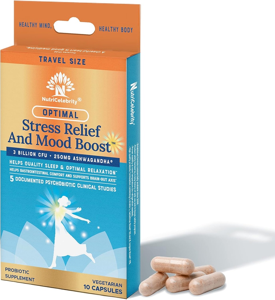 NutriCelebrity ottimale stress sollievo e mood Boost supplemento dimensione di viaggio, aiuta a sostenere sonno riposante, relax, 10 capsule vegetali