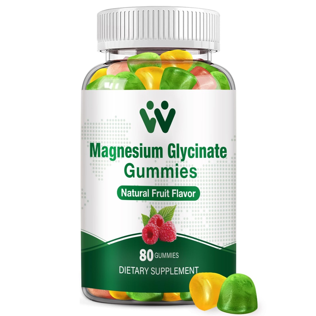 Glycinat de magnésium pour les adultes - Supplément de potassium de magnésium sans sucre pour calmer l'humeur, les muscles, les os et le soutien énergétique, 80 Gommies