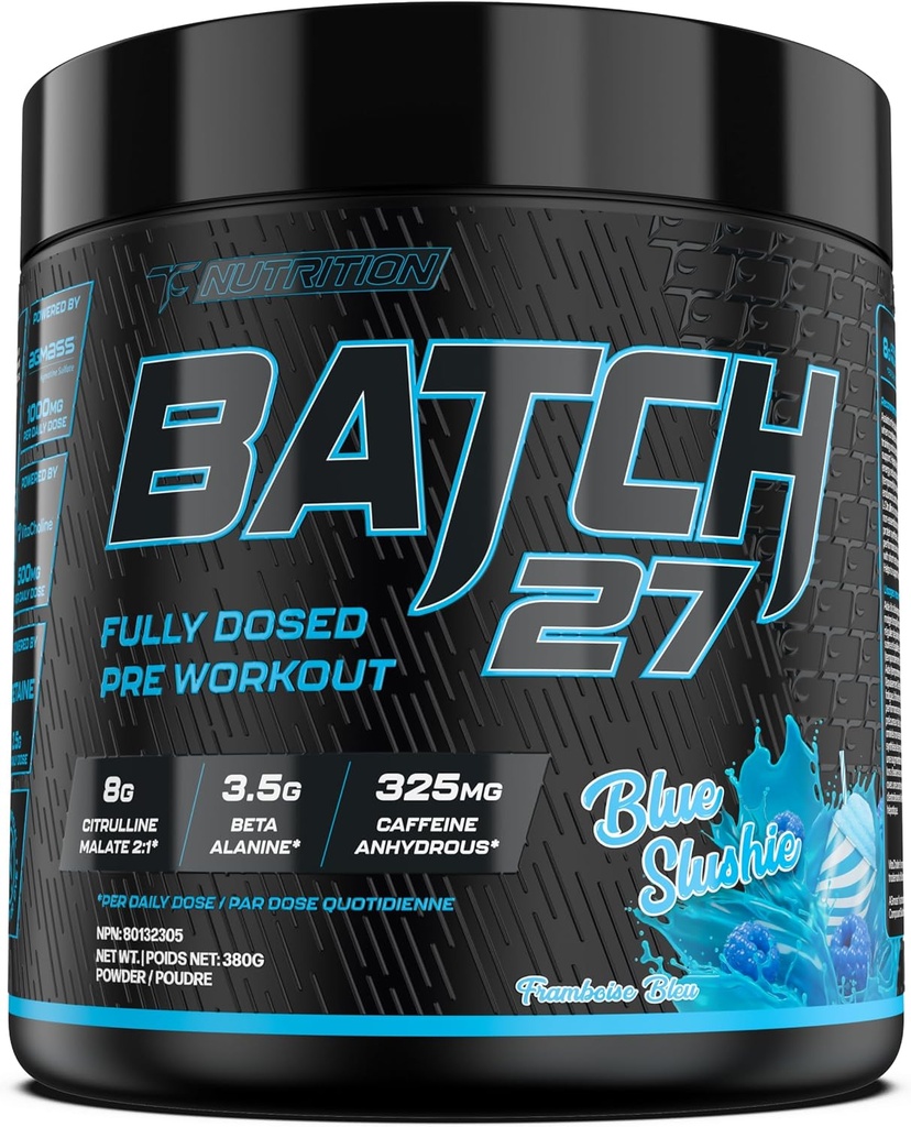TC Nutrition Batch 27 Pre Workout Powder - 8g Citrulline, 3.5g Beta Alanine, 2.5g Betaine, 325mg Koffein | Instant Energy, Fokus, Pumpen, & Stärke | Nitric Oxid Booster 20 sv (Blue Slushie)