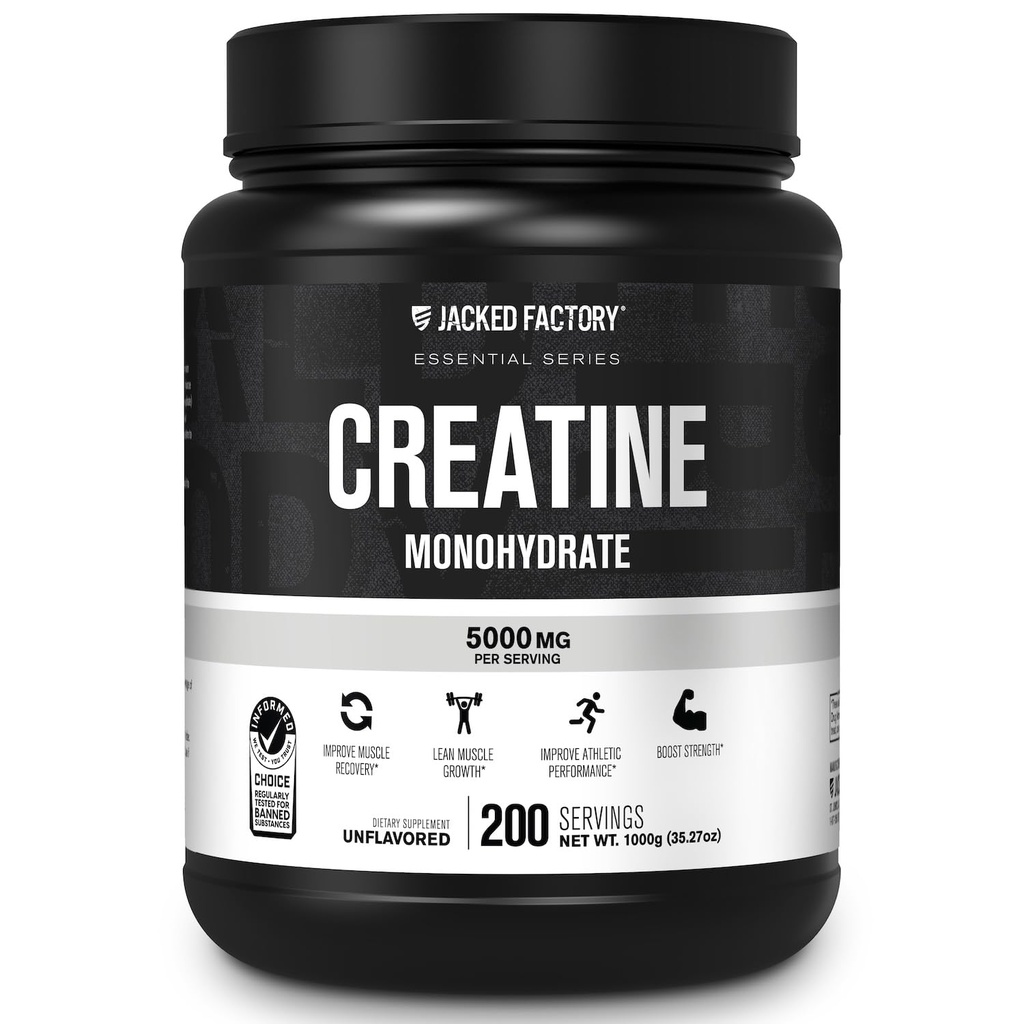 Jacked Factory Creatine Monohydrat Pulver 1000g - 5g Tägliche Kreatin Ergänzung für Männer und Frauen, Vegan-Friendly, Third-Party getestet - 200 Servierungen, Unflavored