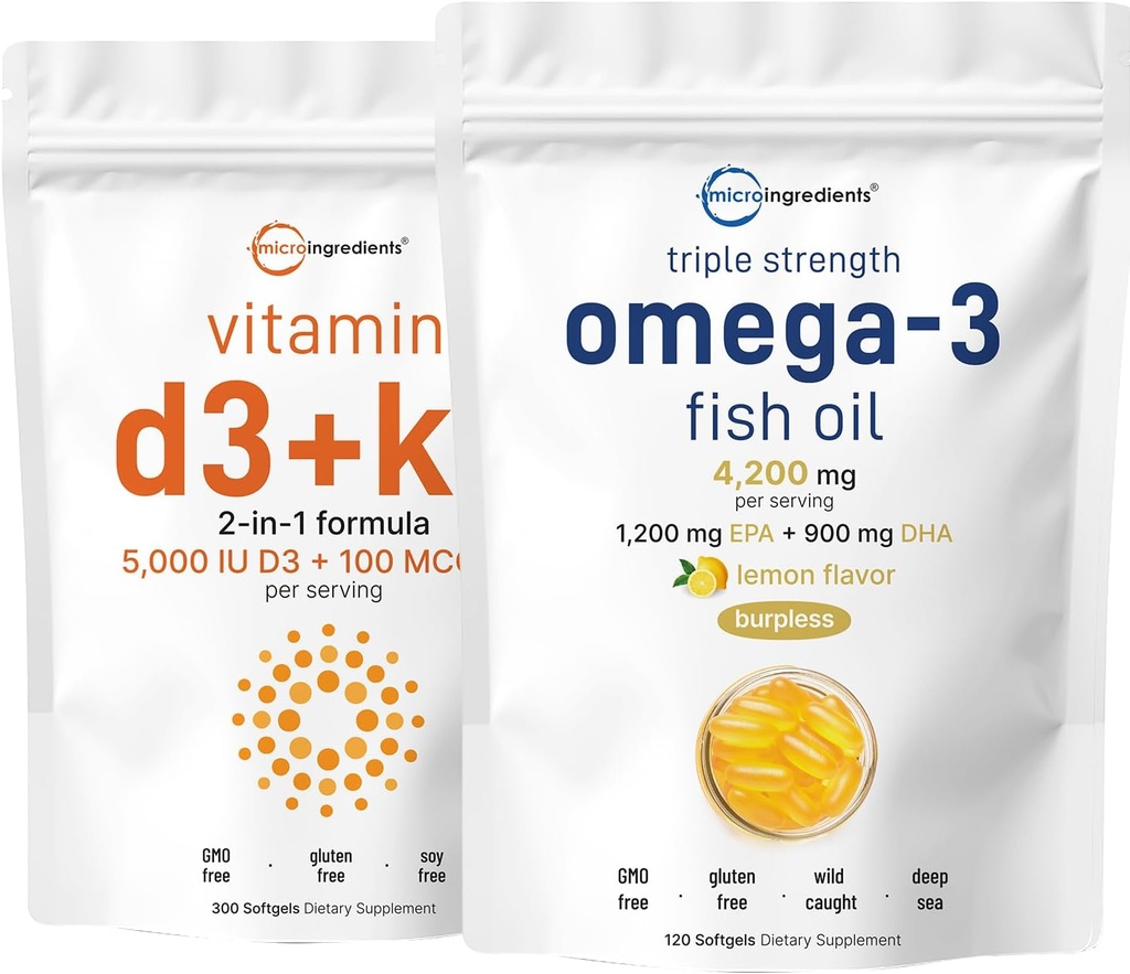 Micro-ingrédients Vitamine D3 5 000iu + K2 100mcg Softgels & Omega-3 Huile de poisson 120 Softgels Bundle 2 Pack