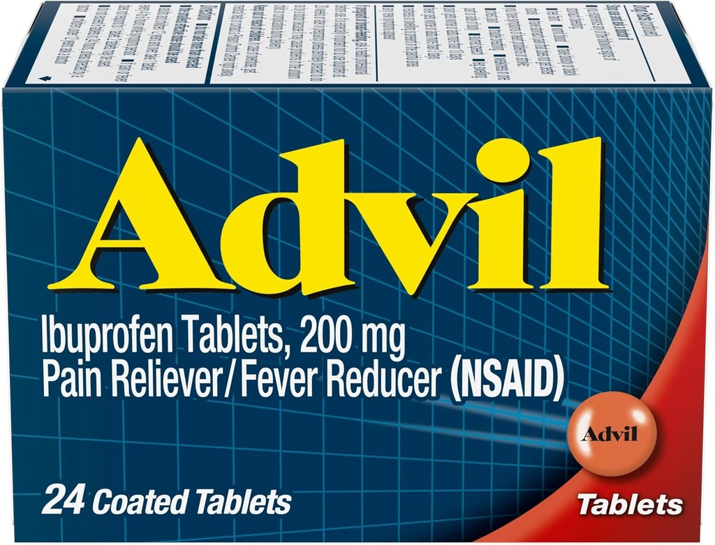 Réducteur de douleur advil et réducteur de fièvre, Ibuprofène 200mg pour soulager la douleur - 24 comprimés enduits