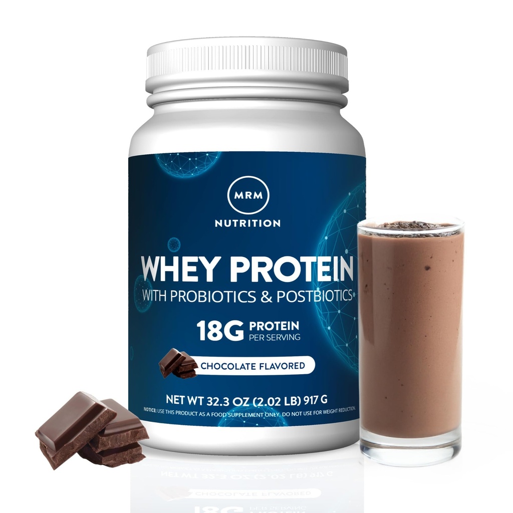 MRM Nutrition Whey Protein | Chocolate Flavored |18g Protein | con 2 miliardi di probiotici + enzimi digestivi + BCAAs | Alto assorbimento + digestione | Ormone + antibiotico Free | 33 Serve