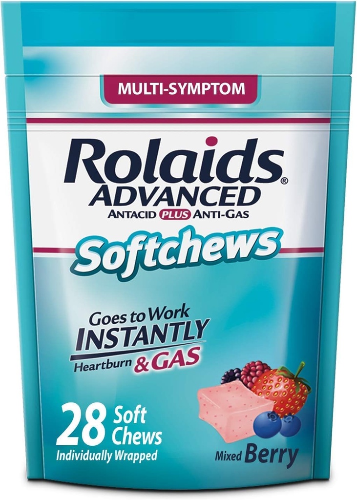 Rolaids Advanced Antacid Plus Anti-Gas Softchews, 28 conte, bacche miste, bruciore di stomaco e sollievo dal gas