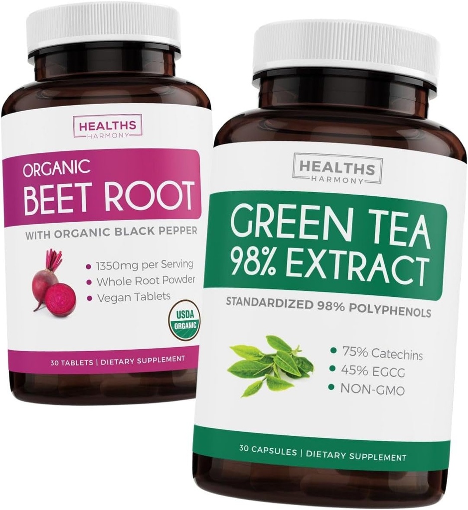 Extrait de betterave et de thé vert (2 semaines d'approvisionnement) Mélange de betterave et de thé - Racine de betterave biologique avec poivre noir pour l'absorption 1250mg (30 comprimés) et extrait de thé vert 98% avec EGCG 1000mg par portion (30 capsules)