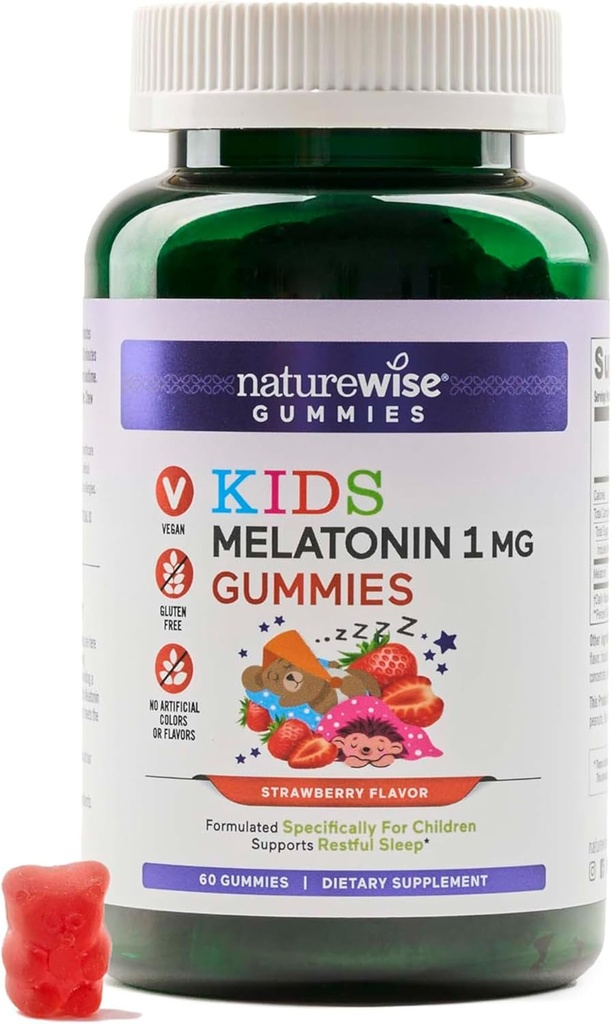 Naturewise Kids Melatonin Gummies 1 mg - Drug-Free, Non-Habit Forming Schlafhilfe für Kinder Alter 4 & Up - Erdbeeren Flavored Gummy Bears - Vegan, Glutenfrei, Non-GMO - 60 Graf[2-Monat Versorgung]