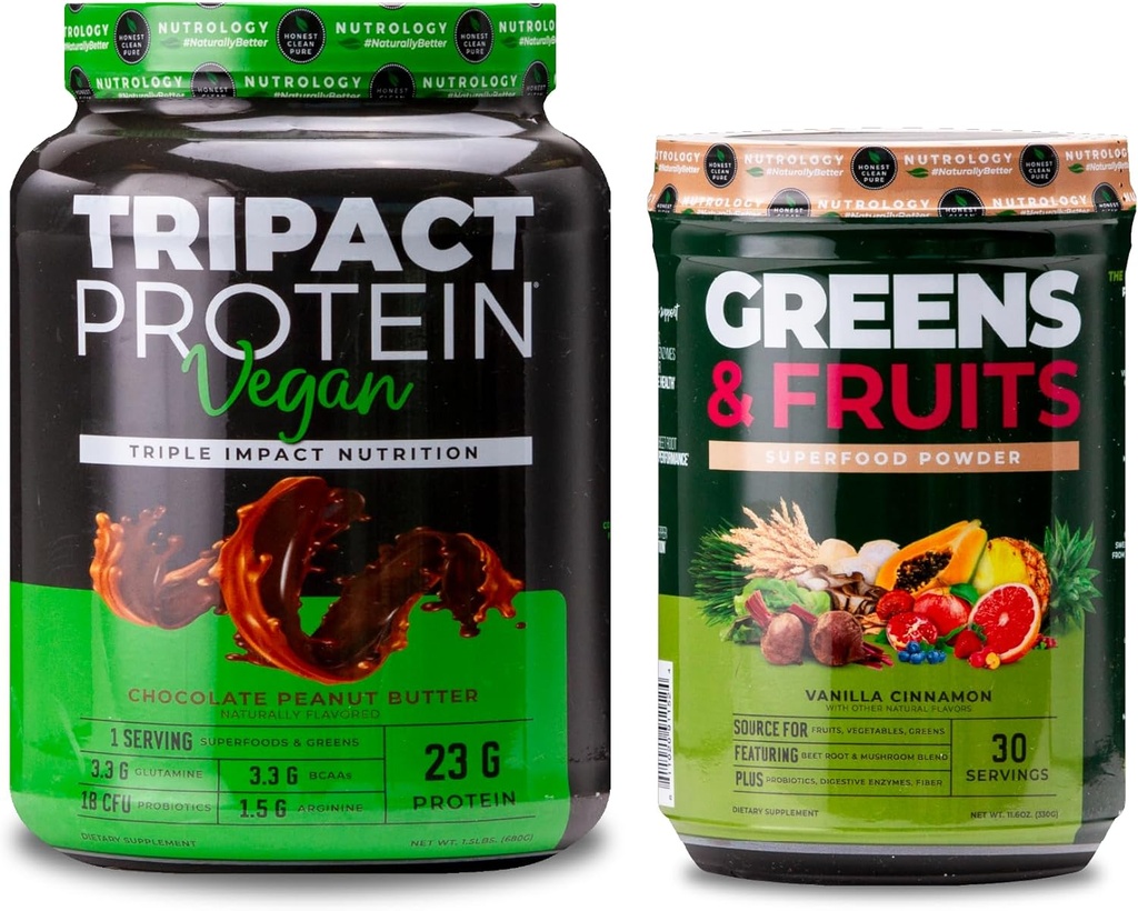 Nutrology Greens & Fruits Powder-Naturally Sourced Superfood, Vanilla Cinnamon (30 Servierungen) TRIPACT Vegan Protein Powder, Chocolate Peanut Butter (20 Servierungen)