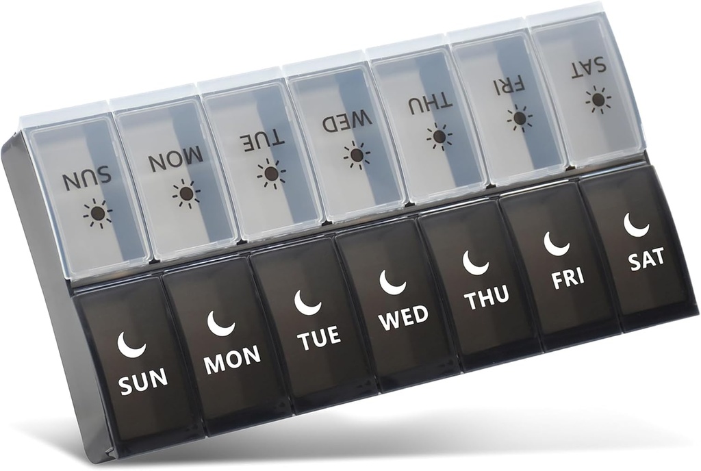 Grand organisateur de pilules 2 fois par jour, cas de pilule hebdomadaire, AM PM Pill Box, conteneur de pilules de nuit de jour 7 jours, distributeur de médicaments de cas de vitamine deux fois par jour (noir et blanc)