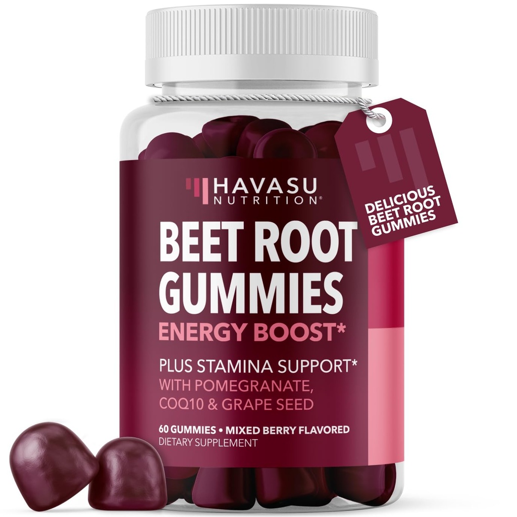 Gommies de racines de betterave avec COQ10 et grenade - Supplément à l'oxyde nitrique pour les hommes et les femmes - Beetroot pour l'endurance, la performance, la récupération - végétalien, non-OGM, sans gluten - mélange d'arôme de baie, 60 comte