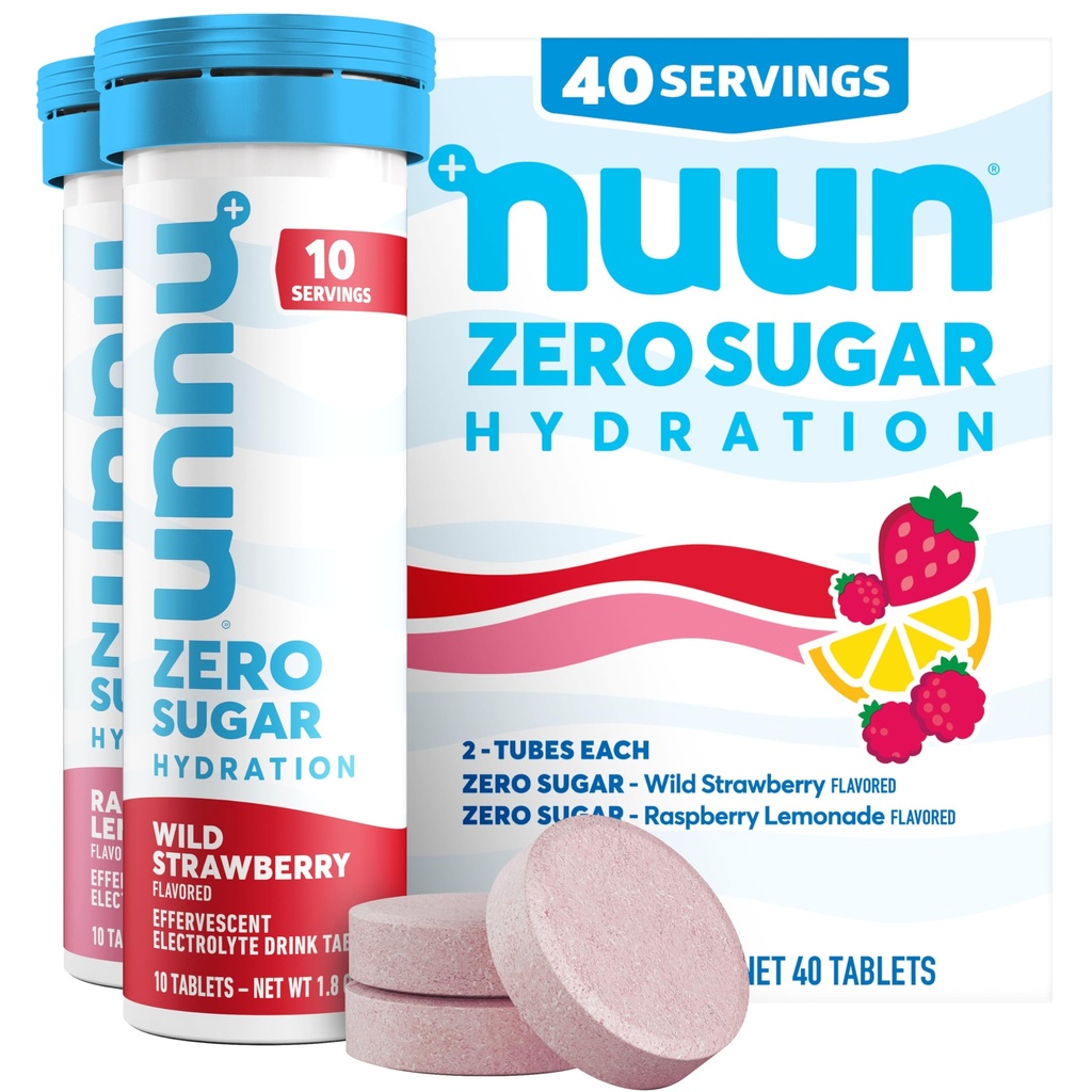 Zucchero Nuun Zero Hydration Electrolyte Tablets - Magnesio, Calcio, Potassium, Cloruro e Sodio, Frutta leggera e gustosa, Senza zucchero, Senza glutine, Vegan, Bacca mista 4 Pack (40 Serve Totale)
