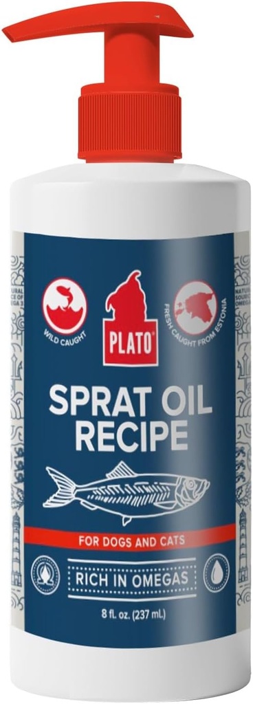 PLATO Pet Treats Fischöl für Hunde - Omega 3 Öl für Hunde - Unterstützt gesunde Haut und Mantel - baltische Sprat Öl Rezept 8 Unzen