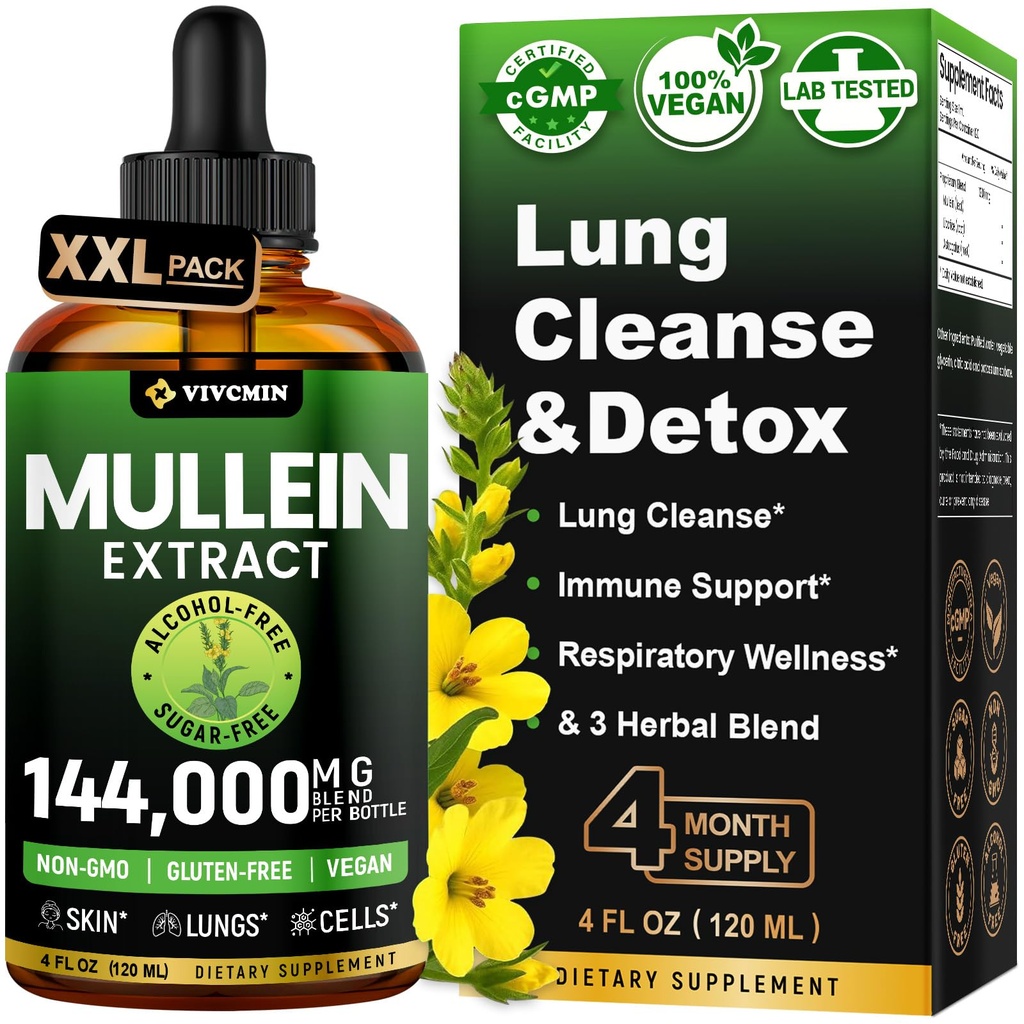 Mullein Tropfen für Lunge mit Licorice & Astragalus, Respiratory & Immune Support, Lung Detox für Raucher Tinktur, Mullein Blatt Extrakt für Lung Cleanse, Zucker & Alkoholfrei, 4 fl oz