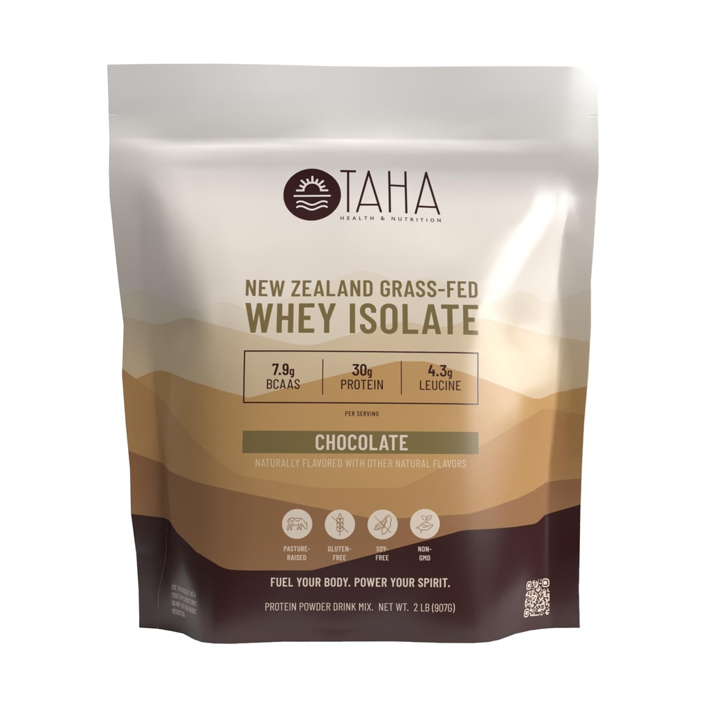 Taha Santé et nutrition Chocolat Whey Protéine Isolate Poudre, 30g Protéines, 7,9g BCAAs, 4,3g Leucine, Nouvelle-Zélande Free-Range, Grass-Fed Dairy.