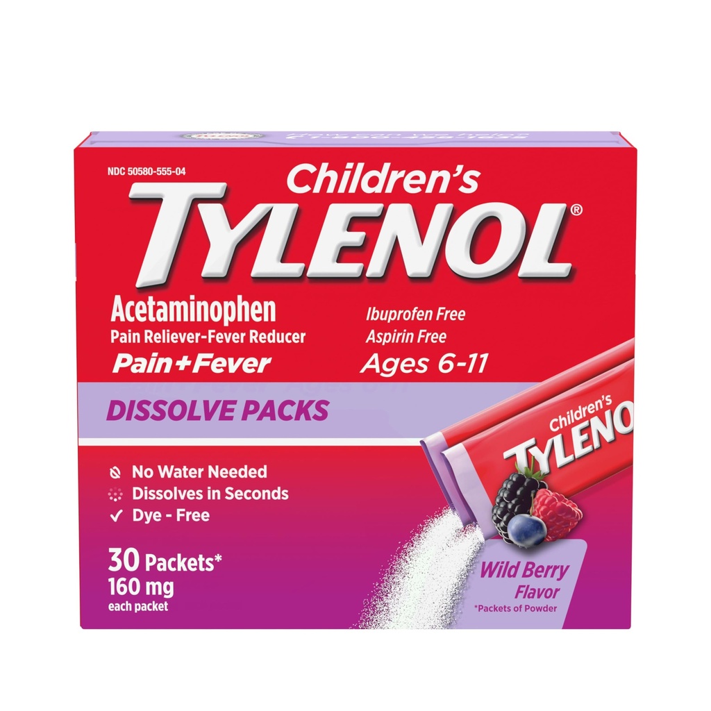 Kinder Tylenol Lösungspakete für Schmerzlinderung, Fever Medication, 160 mg Acetaminophen, Dye Free, Kinderpulver-Packets für Kälte & Flu Symptome Relief; Wildbeeren-Flaschen, 30 ct.; Packung von 1