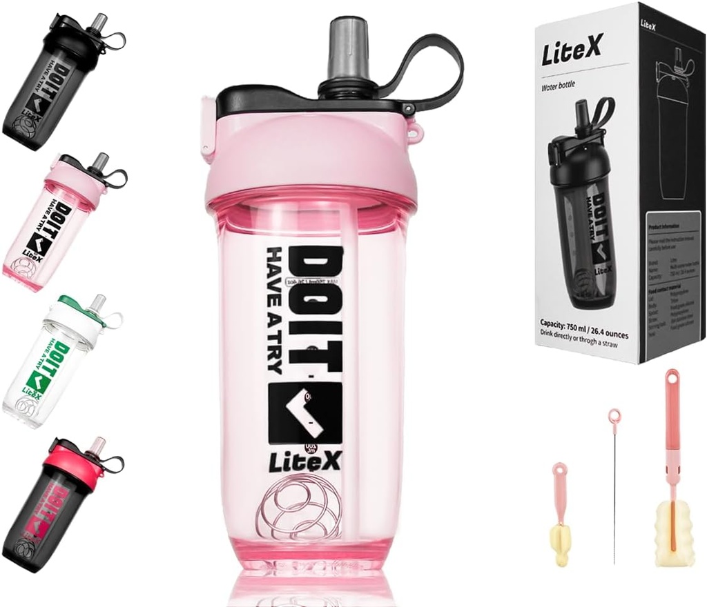 Litex Shaker Bottles für Protein Shakes, 26oz Blender Shaker Bottle für Pre-Workout,Shaker Cups mit Straw, BPA-freie Tritan Mixer Flaschen für Proteinpulver, mit Cup Brush und Anleitung (Pink)