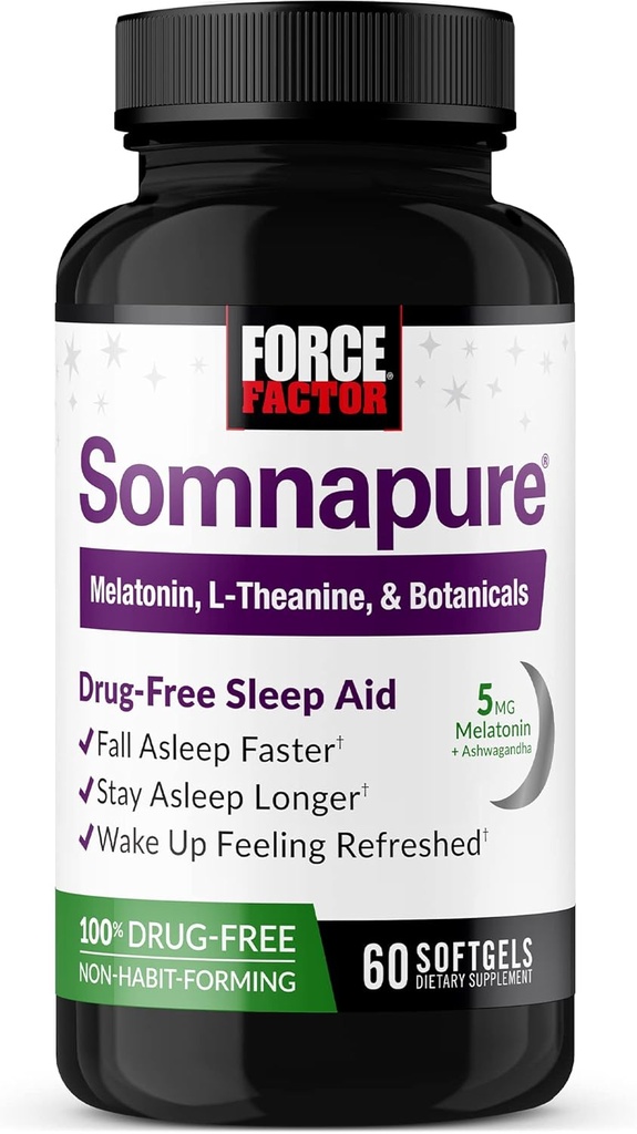 FORCE FACTOR Somnapure Softgels Schlafhilfe, um schneller zu fallen, schlafen länger, Wake Up Refreshed, Schlafhilfe für Erwachsene mit Melatonin, Ashwagandha, Valerian Root, und Lemon Balm, 60 Softgels
