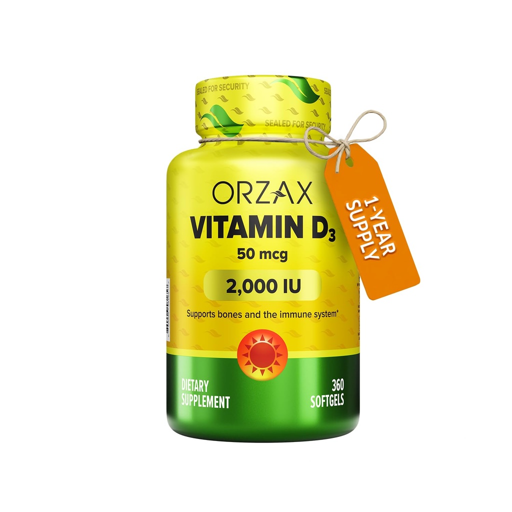 ORZAX Vitamin D3 2000 iu (50 mcg) – Non-GMO, Glutenfrei, Sugar Free, Dairy Free – 1 Jahr Versorgung mit starker Muskelfunktion und Immununterstützung – Stimmungsergänzung für Wellness (360 Softgel)