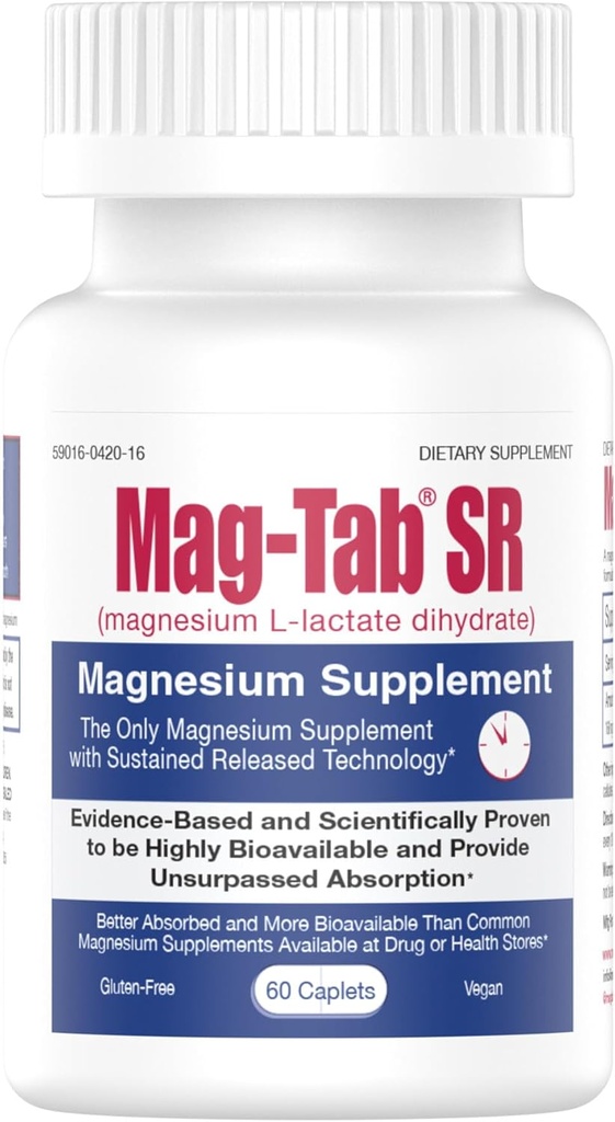 Livraison de lactate de magnésium à libération prolongée pour 10x Meilleure absorption-Mag-Tab SR (libération prolongée) 60 Soutiens de comptage Sommeil, Crampes musculaires, Déficience du magnésium Santé (60)