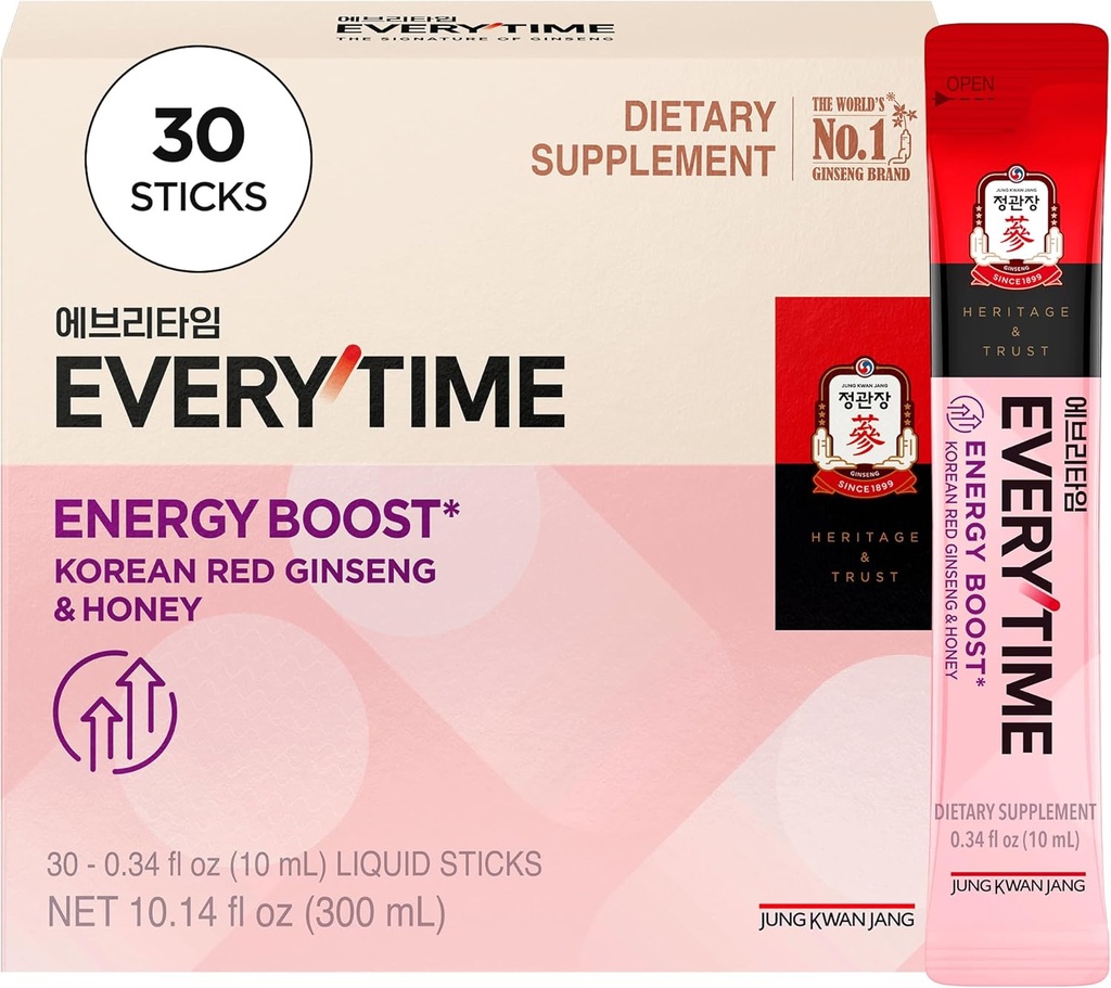 JUNG KWAN JANG Everytime Energy Boost Korean Red Ginseng Extract Stick 1000mg & Honey - Vegan Ginseng Energy Drink Liquid Stick Supplements - baut Stamina & Immunität Kein Koffein (30 Sticks)