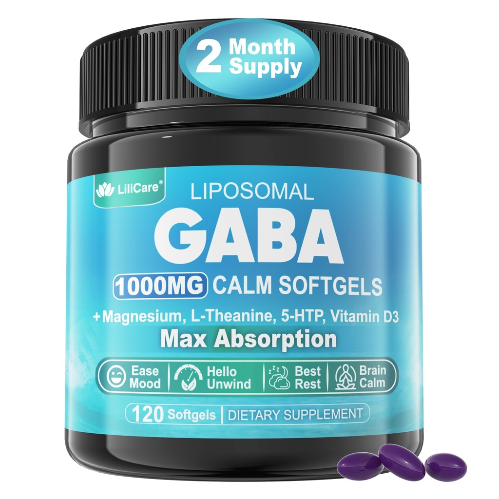 Supplemento GABA - 1000 mg Forma Liposomica per assorbimento ottimale, GABA con L-teanina, glicinato di magnesio, 5HTP, vitamina D3 per calma, rilassamento, umore, notte riposante - Melatonin-Free 120 Softgels.