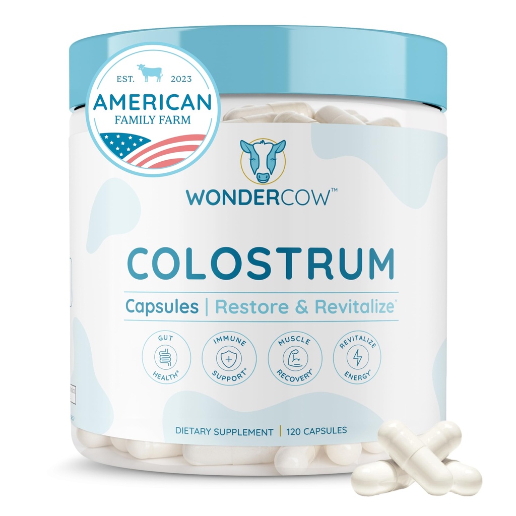 WONDERCOW Colostrum Capsules Supplement for Gut Health, Immune Support & Wellness | Natural IgG Pure Whole Bovine Colostrum Superfood, Unflavored, 30 Servings
