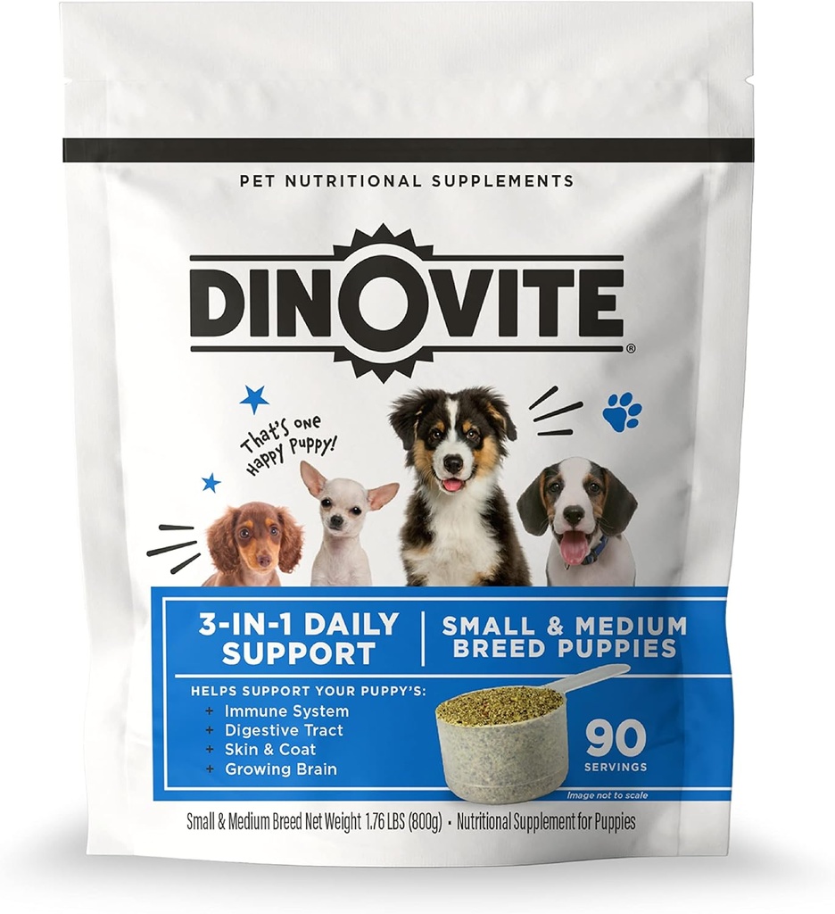 Dinovit 3 in 1 Probiotikum für Welpen, Haut & Mantel, Verdauungs-Gesundheit & Gelenkrelief, Hundefutter Toppers, Lachsöl, Glucosamin, Allergy Relief & Itch Relief Hautpflege, 90 Servierungen (Puppy)