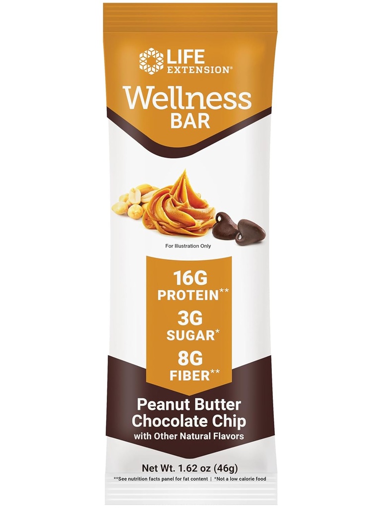 Life Extension Wellness Bar (Peanut Butter Chocolate Chip) – 16 g Protein, 8 g Fiber, 3 g Zucker – Cacao Chocolate Chips, Whey Protein Isolate Blend – Snack Bars, Glutenfrei – Individuell