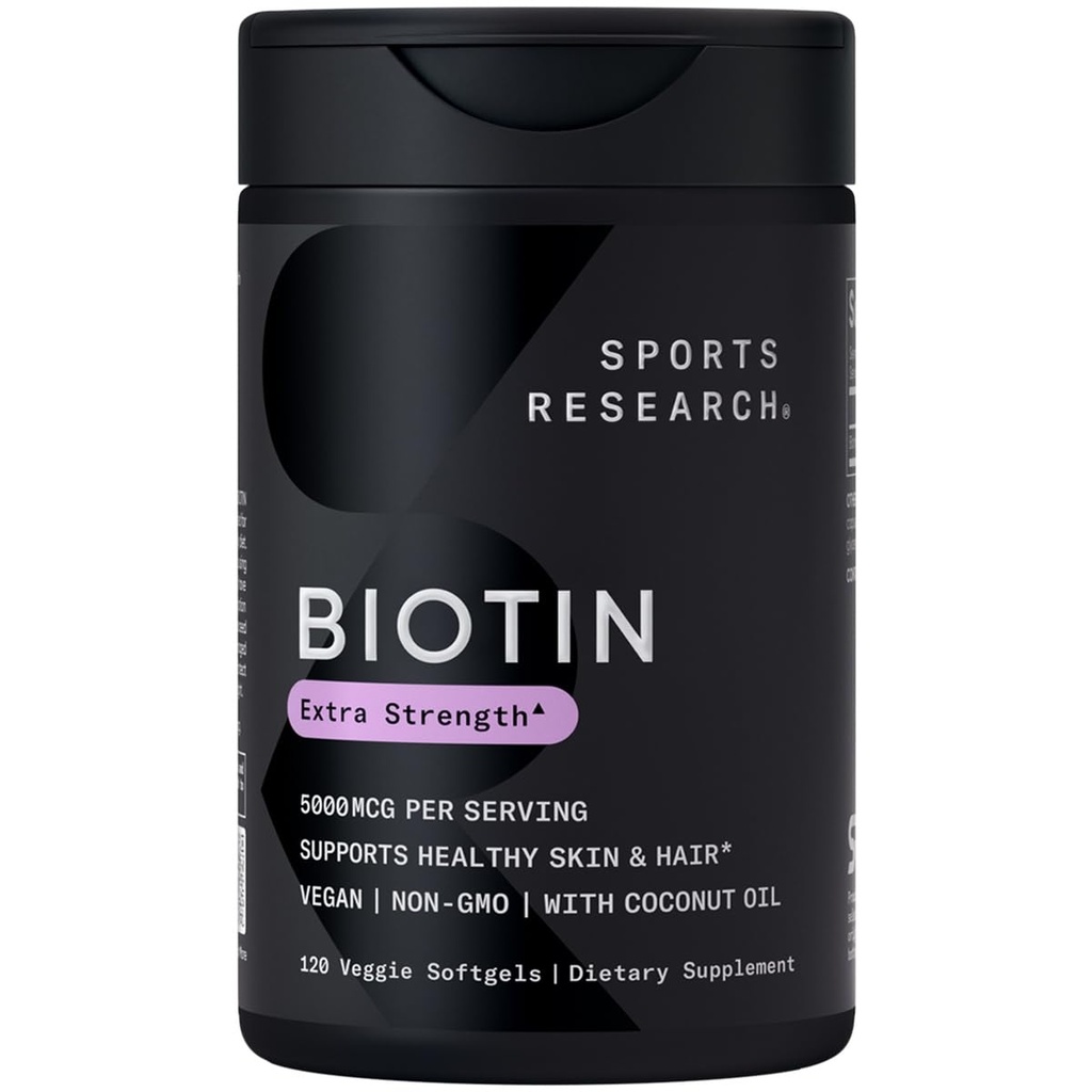 Sports Research® Biotine 5 000mcg à l'huile de coco biologique - Biotine (Vitamine B7) pour une peau et des cheveux sains* - pour les femmes et les hommes - Vegan, non OGM, sans gluten et sans soja - 120 softgels veggie