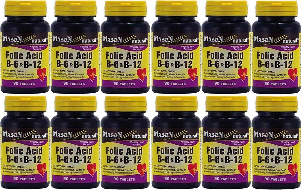 Mason Vitamins Folsäure B-6 & B12 Herzgesundheit Formel 90 Tabletten pro Flaschenpackung von 12 insgesamt 1080 Tabletten