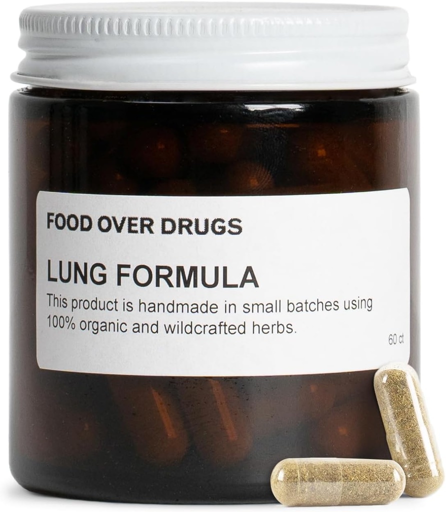 Food Over Drugs Formula polmonare – Disintossicazione a base di erbe con Mullein Organica, Timo, Liquirizia e Astragalus – Supplemento naturale per il supporto polmonare, Respirazione Clarity & Mucus Balance – Capsule a base di piante