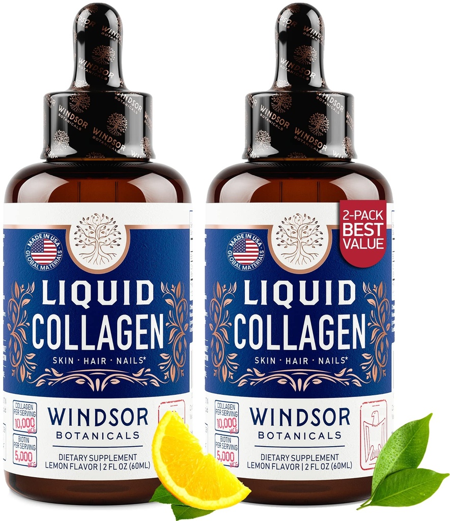 WINDSOR BOTANICALS Collagen liquido per le donne e gli uomini - Capelli, Pelle, Vitamine Unghie - Peptidi di collage di limone Bevanda di crescita dei capelli - 5000mcg Biotina, 10.000mcg - US Made - 2x2oz