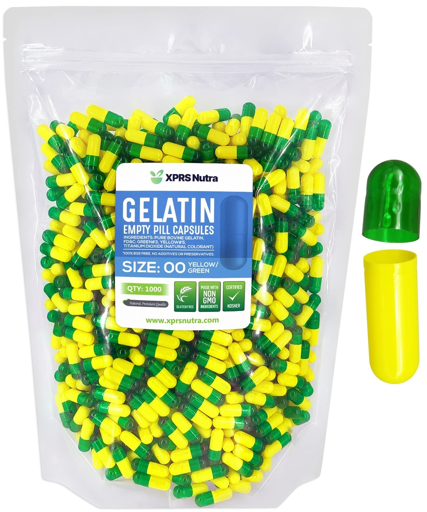 XPRS Nutra Größe 00 Leere Kapseln - 1000 Graf Leere Gelatine Kapseln - Pillen DIY Kapsel Füllung - Füllbare Pille Gel Kapseln für Do-It-Yourself Ergänzungen (Grün/Gellow)