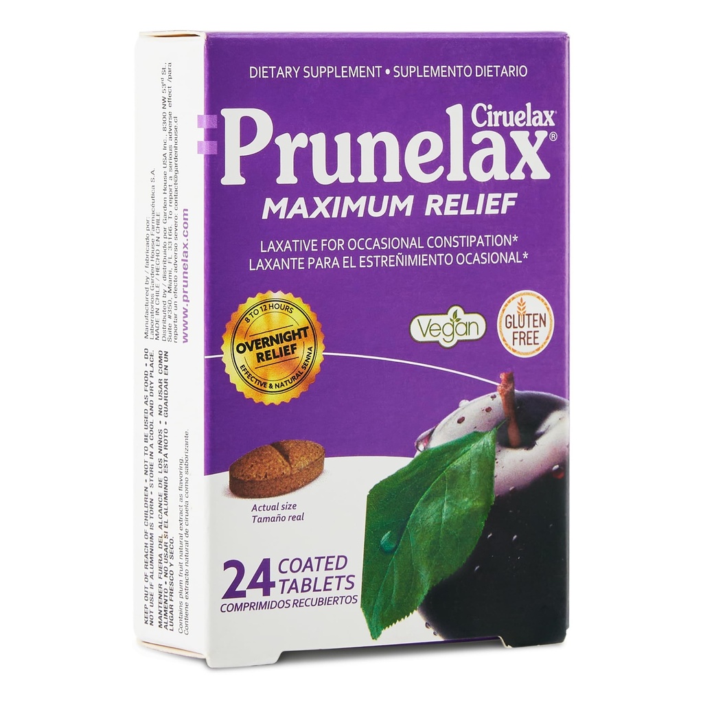 Prunelax Ciruelax Massima Rilievi Lassativi Tablets con Senna Naturale per costipazione occasionale, Estratto di senna, Vegan & Gluten-Free, Rilievo notturno delicato - 24ct