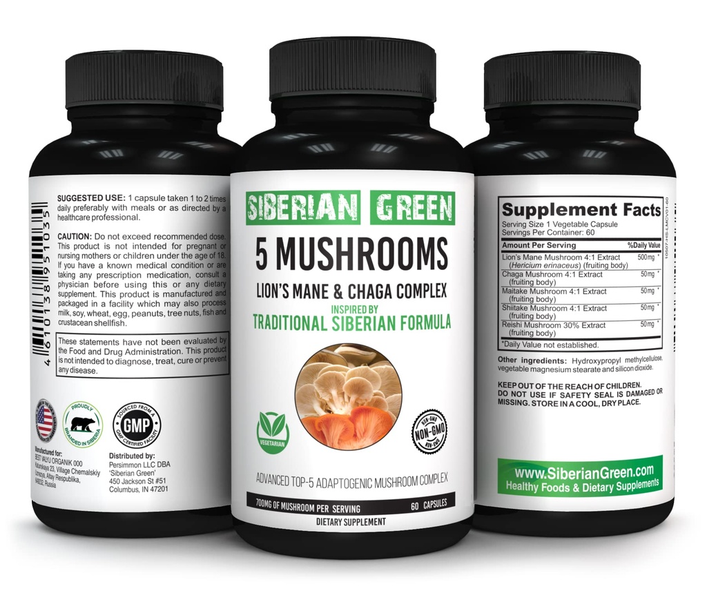 Siberian Green 5 funghi Lions Mane Chaga Shiitake Maitake Reishi - 60 capsule