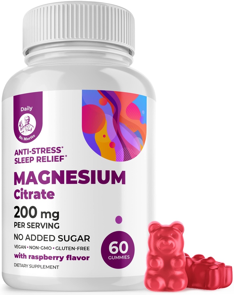 DR. MORITZ Magnesio Citrato Gummies per adulti - Zucchero-Free calma Magnesio Gummies - Supporta una risposta di stress sano - Raspberry Flavor - Non-GMO, 200 mg (60 Conta)