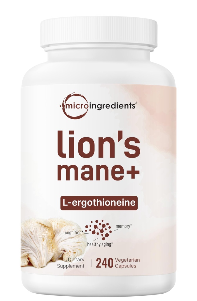 Micro Ingredienti Lions Mane Supplemento capsule, 240 capsule Veggie con L-Ergothioneine, 4 mesi di alimentazione | Cervello, energia, & Immune Salute Supporto | Non-GMO