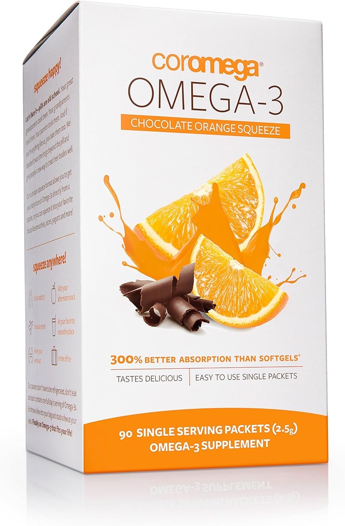 Supplément à l'huile de poisson Coromega Omega 3, 650mg d'Oméga-3s avec 3X meilleure absorption que les softgels, chocolat orange aromatisé, 90 packets à coupe unique