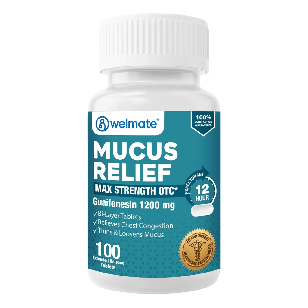 WELMATE - Mucus Relief - Guaifenesin 1200 mg Maximale Stärke - Extended-Release Expectorant Tablets - Hilft Clear Chest Congestion & Loosen Mucus - 12 Hour Relief - 100 Count