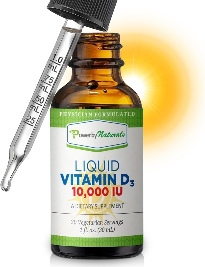 Puissance par naturel Vitamine D3 gouttes liquides 10000 UI - Vitamine D3 à haute puissance pour la force osseuse adulte et le soutien immunitaire - Sans gluten, sans OGM, sans sucre Vitamine - Arôme orange, 1 fl Oz (30 portions)