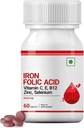 Supplément acide folique de fer avec vitamine C, E, B12, zinc et sélénium pour hommes femmes - 60 comprimés