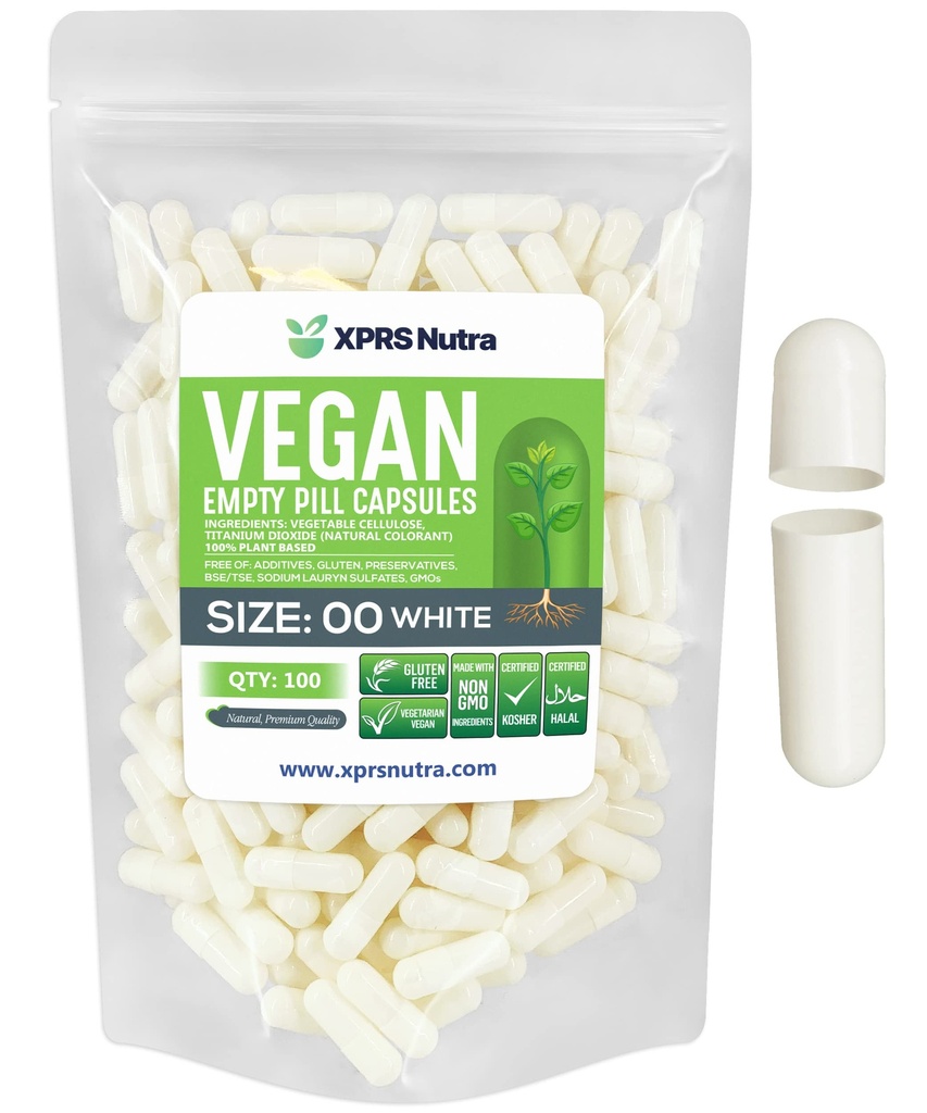 XPRS Nutra Taille 00 Capsules vides - 100 Compte Capsules vides de végétalien - Pilules vides végétariennes - Bricolage Gélule végétale Remplissage- Caps de pilules végétariennes (blanc)