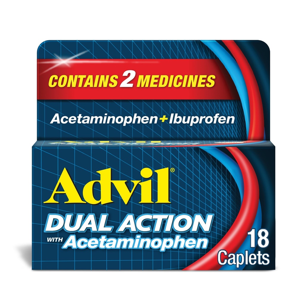 Advil Dual Action Coated Caplets con Acetaminophen, 125mg Ibuprofen e 250mg Acetaminophen Per Caplet per 8 ore Rilievo Del Dolore - 18 Conte