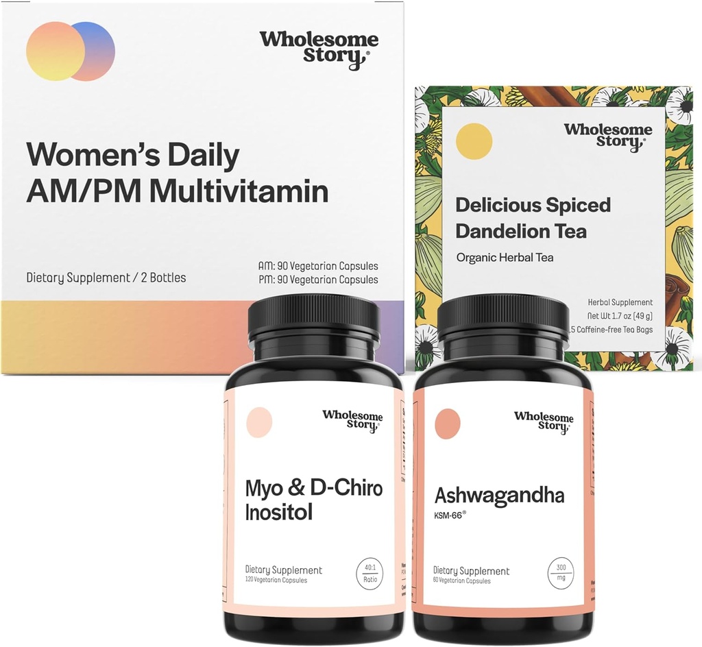 Chill Out Bundle | Myo Inositol & D Chiro Inositol | KSM 66 Ashwagandha Ergänzungen | Premium Bioverfügbar Daily Multivitamin für Frauen mit Eisen und Folate | Organic Roasted Dandelion Root Tea