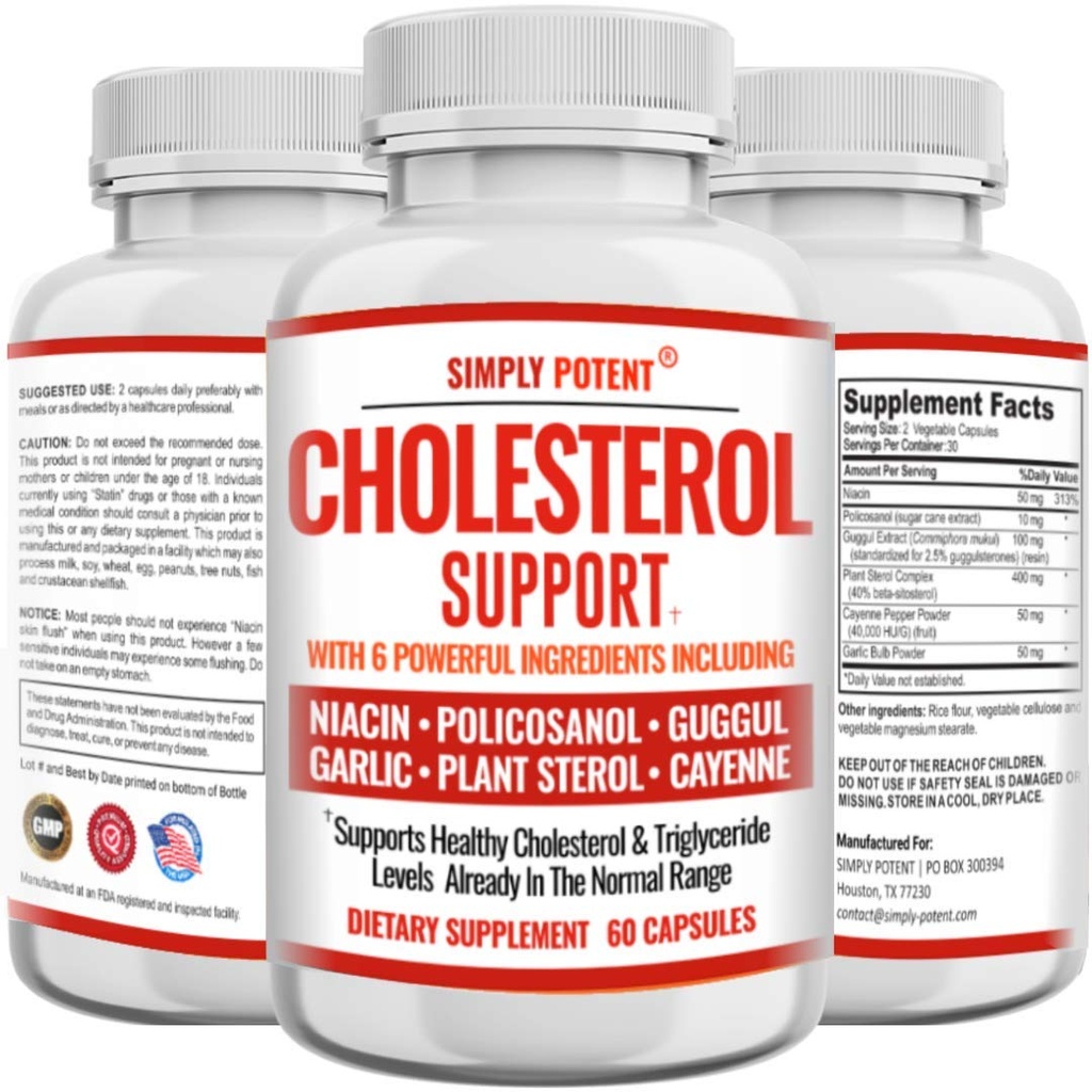 Supplément de réduction du cholestérol qui fonctionne, soutient le cholestérol, le triglycéride, le LDL et le HDL inférieur, naturellement, le cœur capsules naturelles saines avec l'ail, les stérols végétaux, Niacine, Guggul, 60 Ct