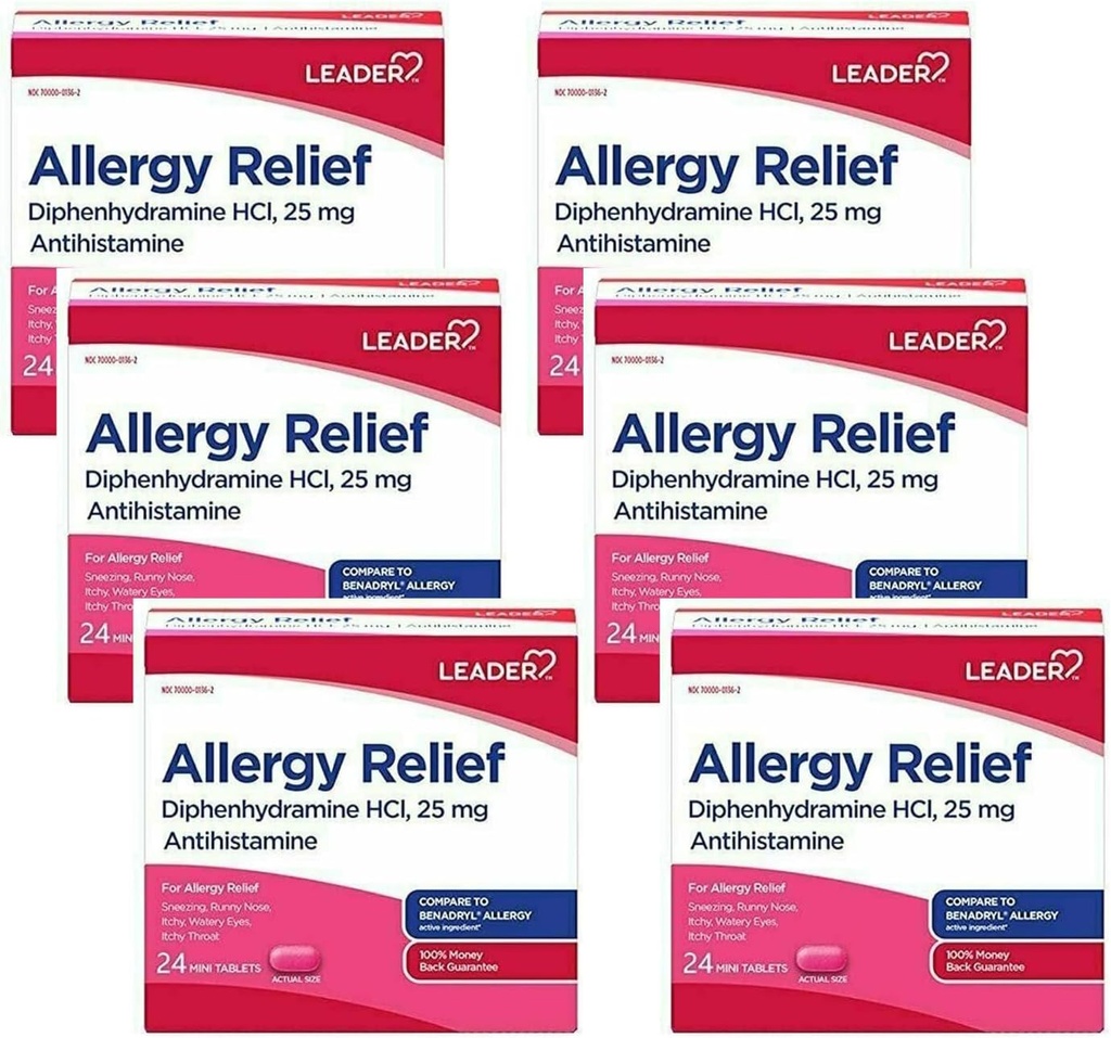 Leader Antihistamine Allergy Relief Diphenhydramine HCl, 25mg Mini Tablets, 24 Count Pack of 6